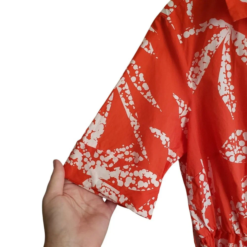DKNY Red-Orange Print Shirt Dress 12 White Leaf Print Cotton Midi - Picture 5 of 12